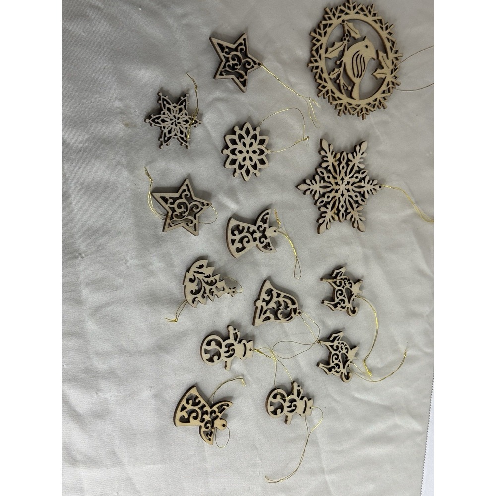 Wood Christmas Ornament Lot Laser Cut Rustic Farmhouse Tree Angel Snowflake 14pc